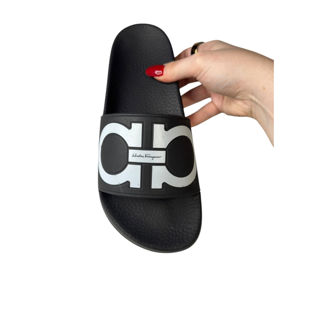 Salvatore Ferragamo Black & White Gancini Slide Sandals Size 7 - Picture 5 of 10